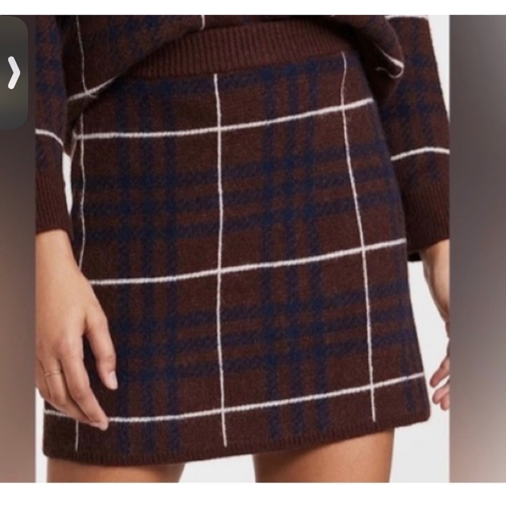 En Saison Brown Plaid Knit Mini Skirt Elastic Waist Sweater Skirt Women M